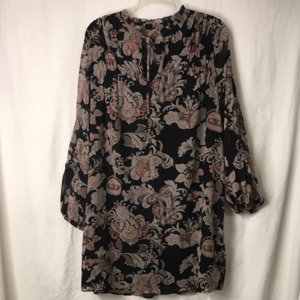 LOFT Women’s Dress Sz S Long Sleeve Tie Front Ruffle Detail Black Floral Shift